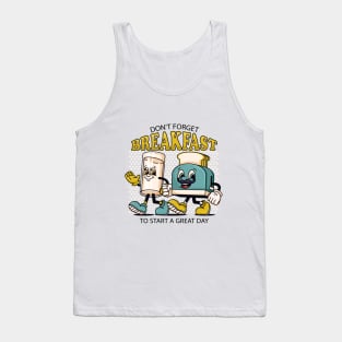 Don't Forget Breakfast, a retro mascot of a toaster and a glass of milk Tank Top